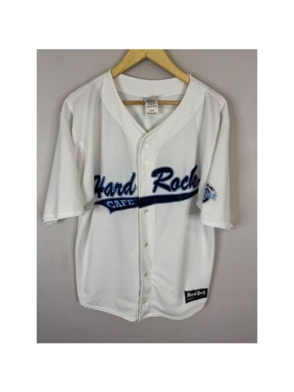 Hard Rock Cafe Hollywood Baseball Jersey White Blue Embroidered Mens Large 00